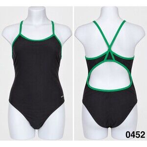 NWT Sporti Thin Strap One Piece Swimsuit - Black w/ Green trim  sz 40 (XL)- 0452